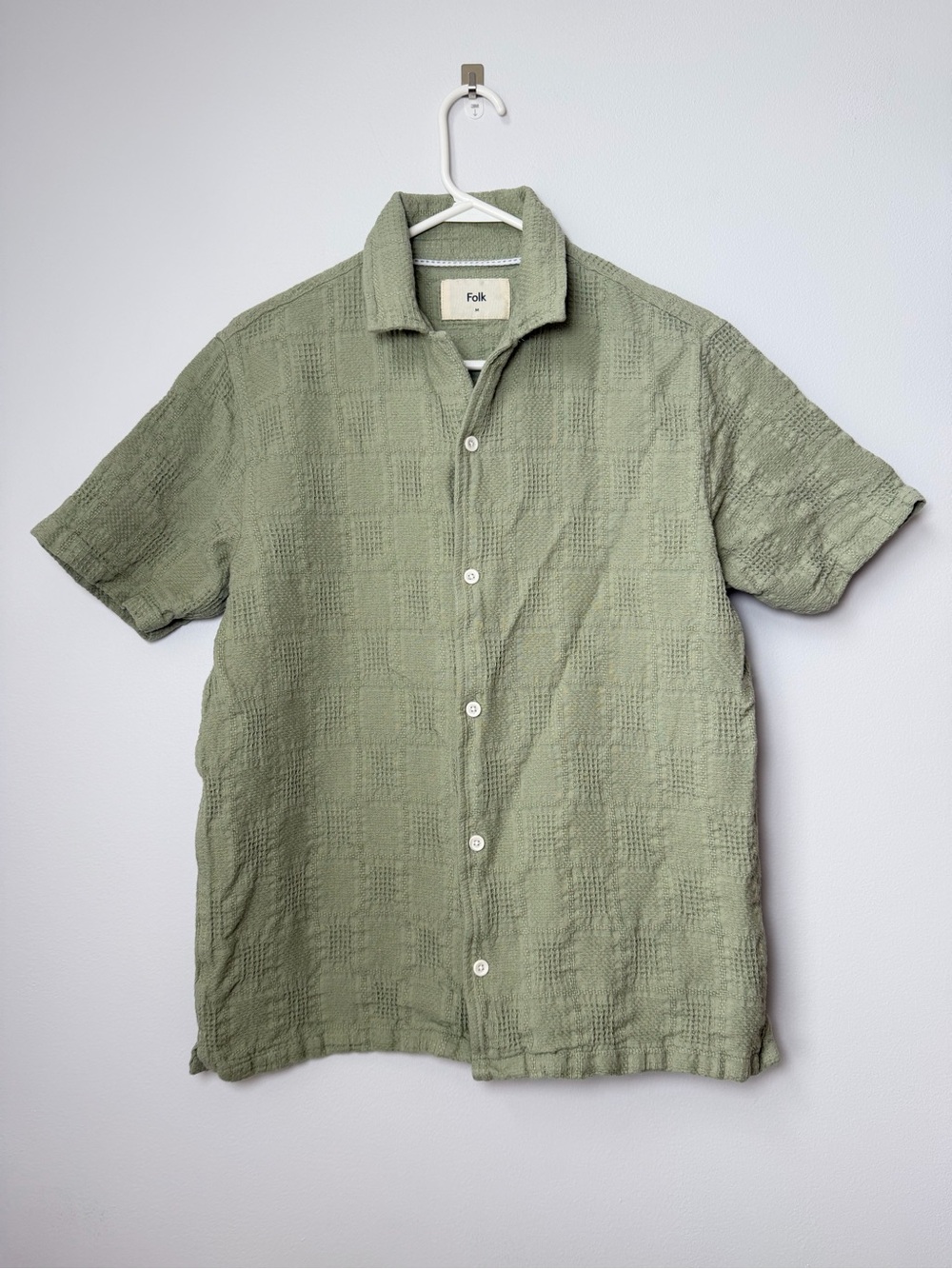 Folk Mens Textured Short Sleeve Button-up Shirt Size Med. Green Coastal Jacquard